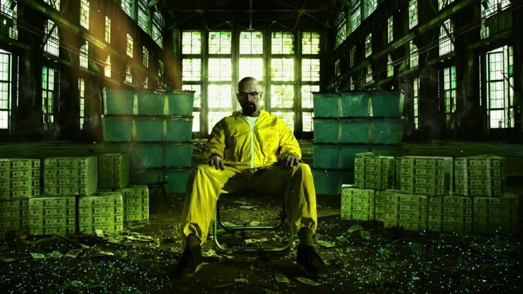 Walter White Sitting Among Money and Chemicals 4K Wallpaper