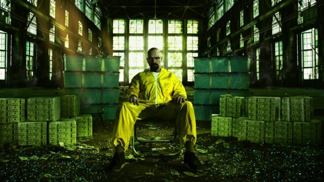Walter White Sitting Among Money and Chemicals 4K Wallpaper