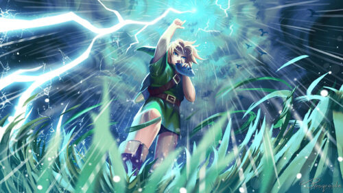Link Playing the Ocarina of Time Lightning Desktop Wallpaper