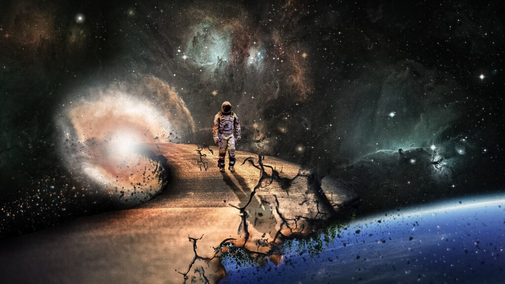Astronaut Standing on a Fractured Planetary Surface Desktop Wallpaper