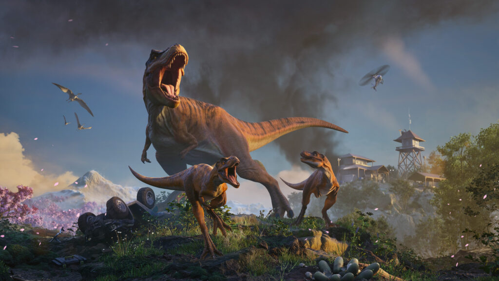 Tyrannosaurus Rex and Raptors in Nature Desktop Wallpaper