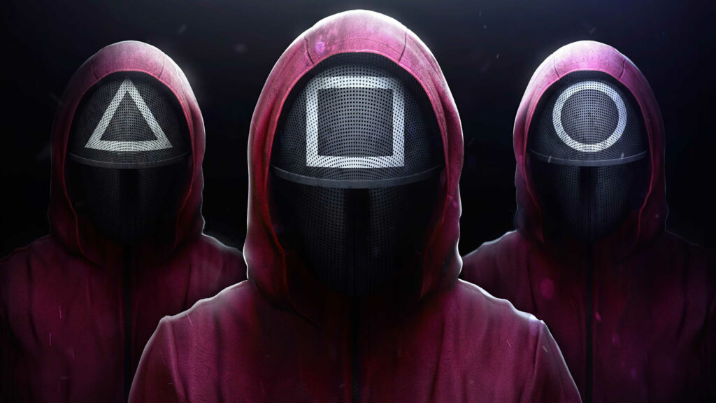 Squid Game Masks Soldiers Dark Themed Desktop Wallpaper