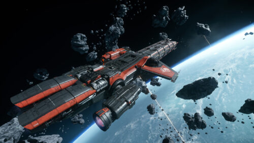 Red and Black Drake Corsair Spacecraft in Orbit Desktop Wallpaper