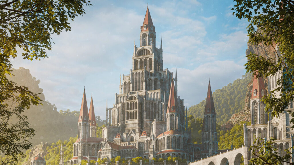 Fantasy Stone Castle with Red Spires Desktop Wallpaper