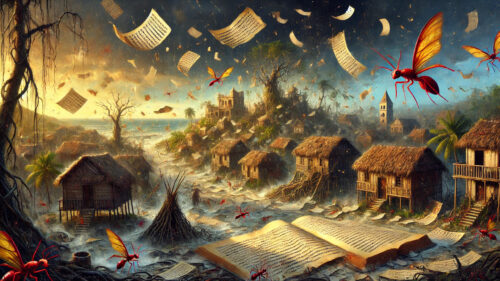 Magical Village with Flying Insects and Ancient Books 4K Wallpaper