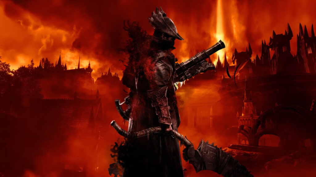 Gothic Warrior in Crimson Fog Desktop Wallpaper