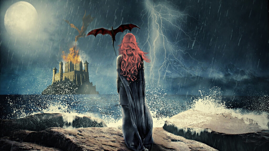 Fantasy Queen Watching Burning Castle Desktop Wallpaper