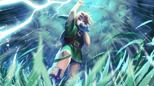 Link Playing the Ocarina Under a Stormy Sky Desktop Wallpaper