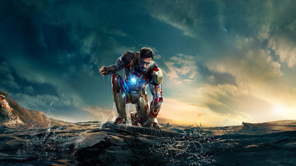 Iron Man Kneeling in the Ocean Cinematic 4K Wallpaper