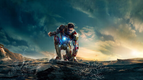 Iron Man Kneeling in the Ocean Cinematic 4K Wallpaper