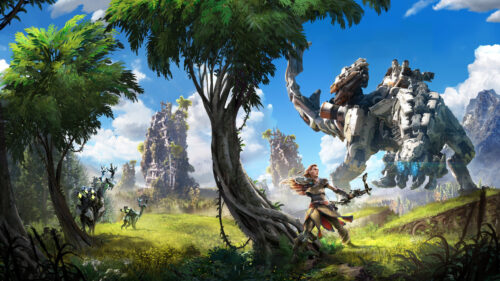Horizon Zero Dawn Aloy Facing a Thunderjaw PC Wallpaper