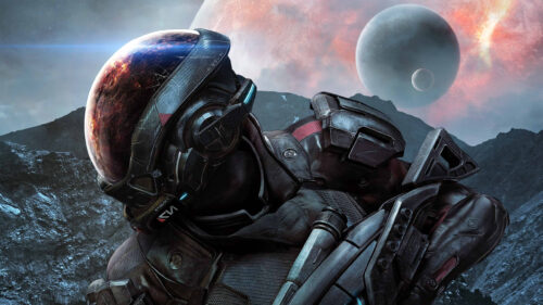 Futuristic Sci-Fi Soldier Standing on Alien Planet Desktop Wallpaper
