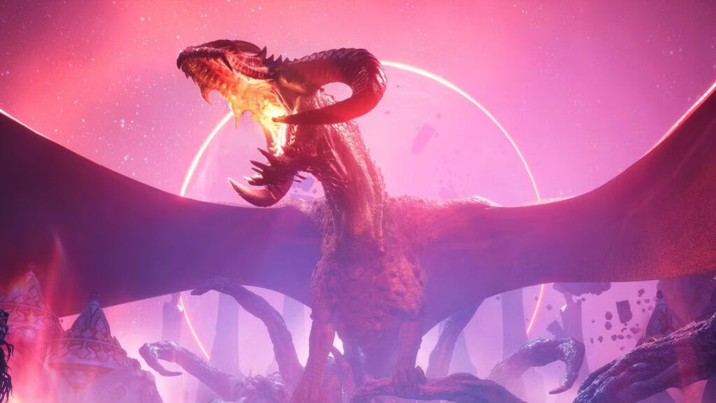 Ferelden Dragon Amidst Celestial Chaos 4K Wallpaper