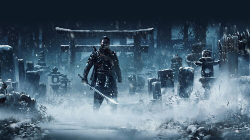 Samurai Warrior in Snowy Cemetery Desktop Wallpaper