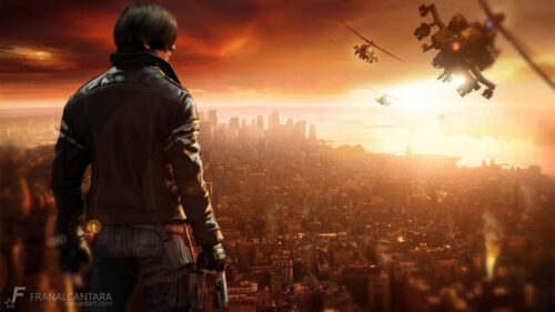 Leon S. Kennedy Looking Over A Burning City PC Wallpaper