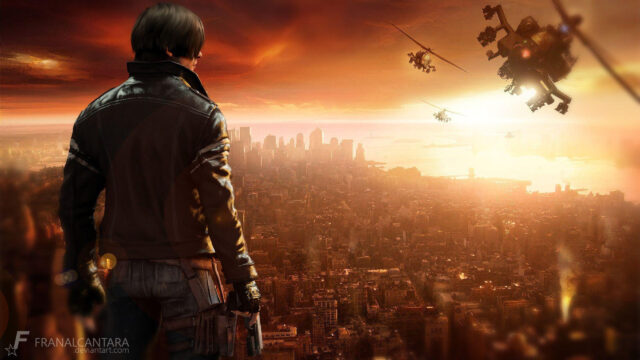 Leon S. Kennedy Looking Over A Burning City PC Wallpaper