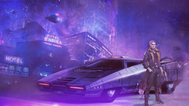 Futuristic Noir Detective and Flying Car Desktop Wallpaper