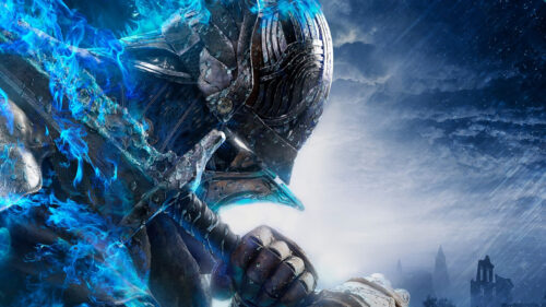 Dark Fantasy Knight with Blue Flames 4K Wallpaper