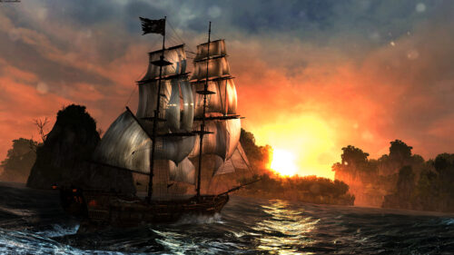 Stunning Pirate Ship Sunset Desktop Wallpaper