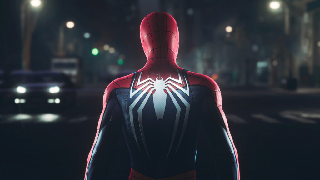 Spider-Man Back View in City Street 4K Desktop Wallpaper