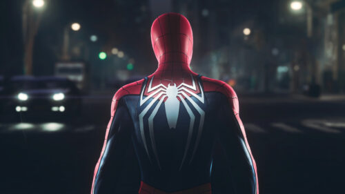 Spider-Man Back View in City Street 4K Desktop Wallpaper