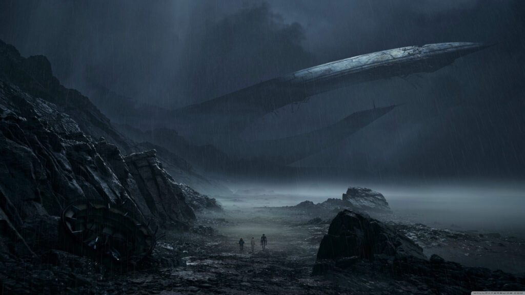 Sci-Fi Landscape with Giant Crashed Spaceship Desktop Wallpaper