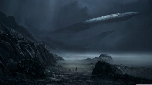 Sci-Fi Landscape with Giant Crashed Spaceship Desktop Wallpaper