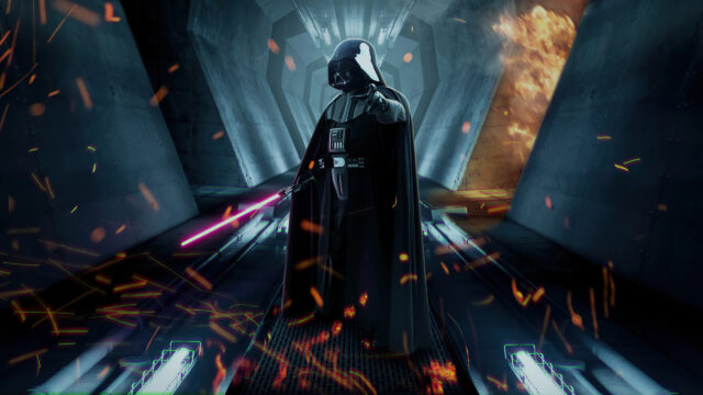 Darth Vader Pointing Lightsaber Corridor 4K Wallpaper
