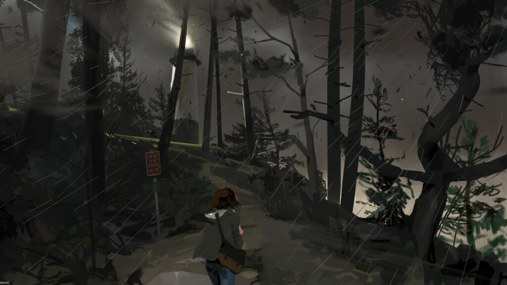 Atmospheric Lighthouse Stormy Forest Desktop Wallpaper