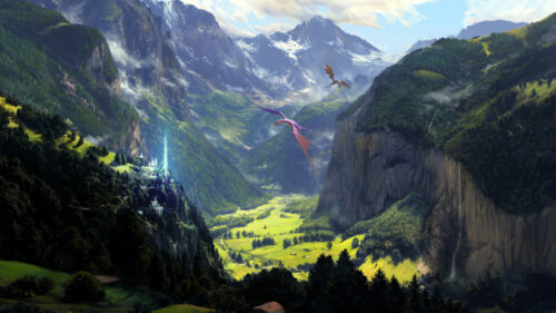 Majestic Fantasy Mountain Valley with Dragons 4K Wallpaper