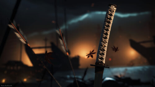 Katana and Falling Leaves Cinematic 4K Wallpaper