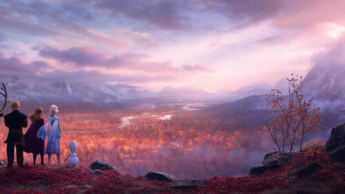 Frozen Movie Characters Overlooking Autumn Valley Desktop Wallpaper