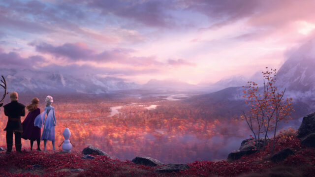 Frozen Movie Characters Overlooking Autumn Valley Desktop Wallpaper