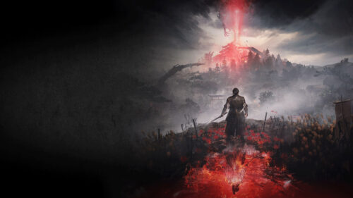 Lone Samurai Standing Before a Burning Mountain 4K Desktop Wallpaper