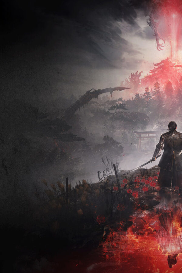 Lone Samurai Standing Before a Burning Mountain 4K Desktop Wallpaper