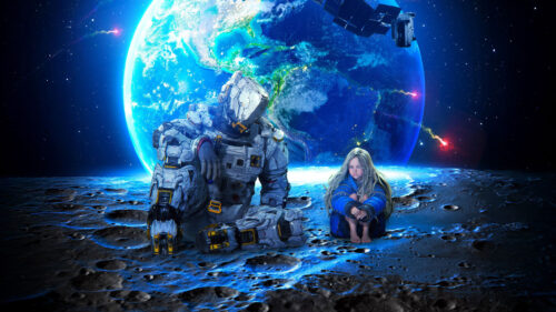 Astronaut and Child on the Moon 4K Desktop Wallpaper