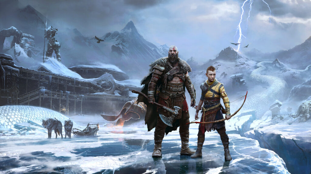 Kratos and Atreus Snowy Landscape Fantasy Adventure Desktop Wallpaper