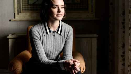 Daisy Ridley Portrait in Grey Collared Sweater Desktop Wallpaper