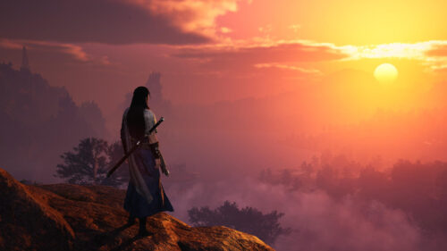 Warrior Standing Over Misty Landscape 4K Desktop Wallpaper