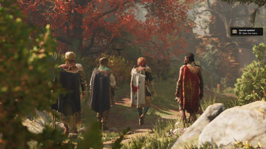 Four Fantasy Travelers on a Forest Path Desktop Wallpaper