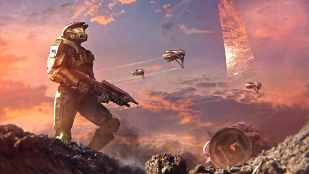 Master Chief on Zeta Halo Sunset 4K Desktop Wallpaper