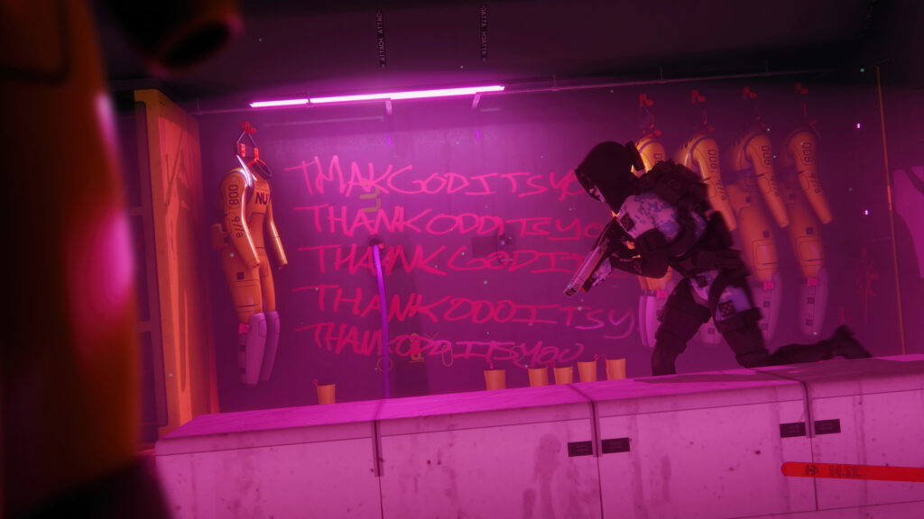 Cyberpunk Stealth Operative Neon Graffiti 4K Desktop Wallpaper