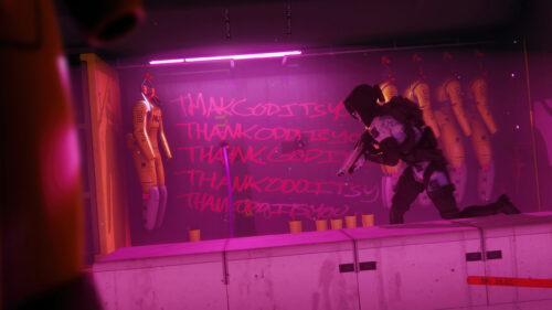 Cyberpunk Stealth Operative Neon Graffiti 4K Desktop Wallpaper