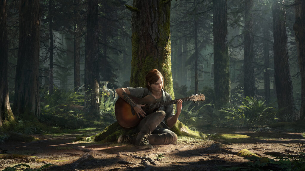 Ellie Playing Guitar in a Forest 4K Desktop Wallpaper