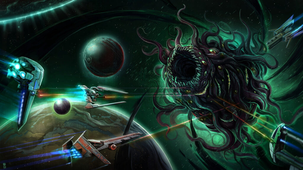 Cosmic Horror Battle in Deep Space Desktop Wallpaper