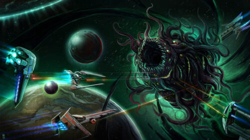 Cosmic Horror Battle in Deep Space Desktop Wallpaper