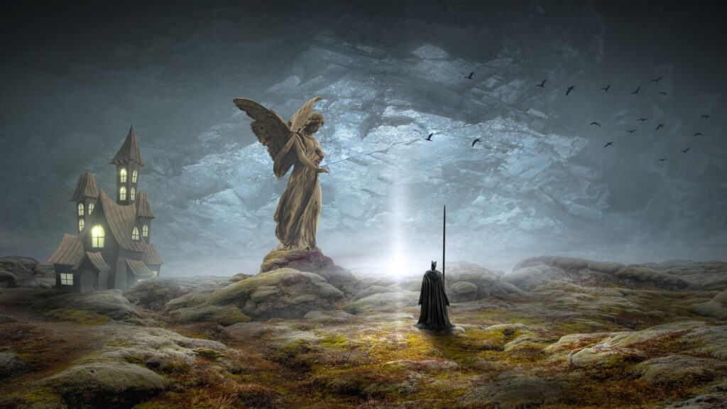 Dark Fantasy Knight and Guardian Angel Desktop Wallpaper