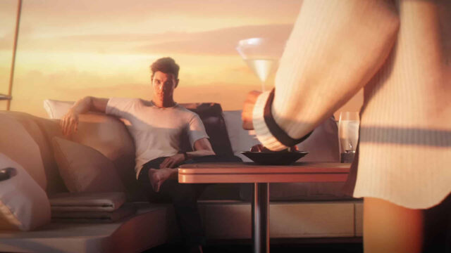 Romantic Sunset View Man on Couch Desktop Wallpaper