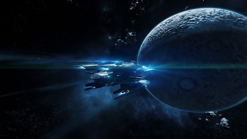 Futuristic Spaceship Near Barren Moon Desktop Wallpaper