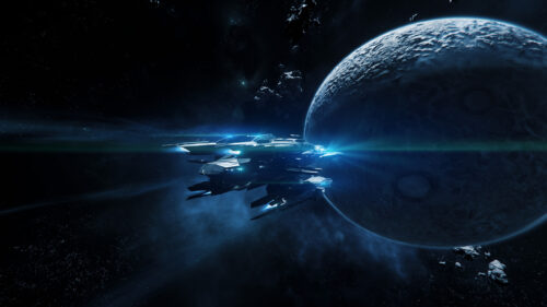 Futuristic Spaceship Near Barren Moon Desktop Wallpaper